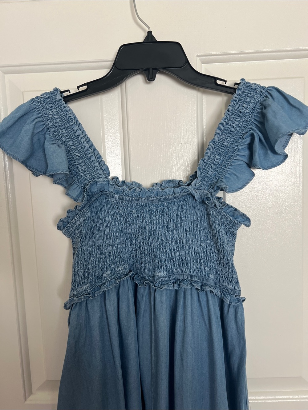 Motherhood Maternity Blue Chambray Maxi Skirt Dress with Ruffle Straps - Picture 7 of 13